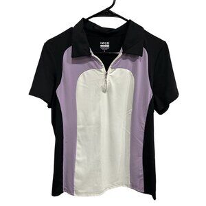 Izod Cool-FX Golf Polo Shirt Contrast Purple White Panels Short Sleeve Zip Neck